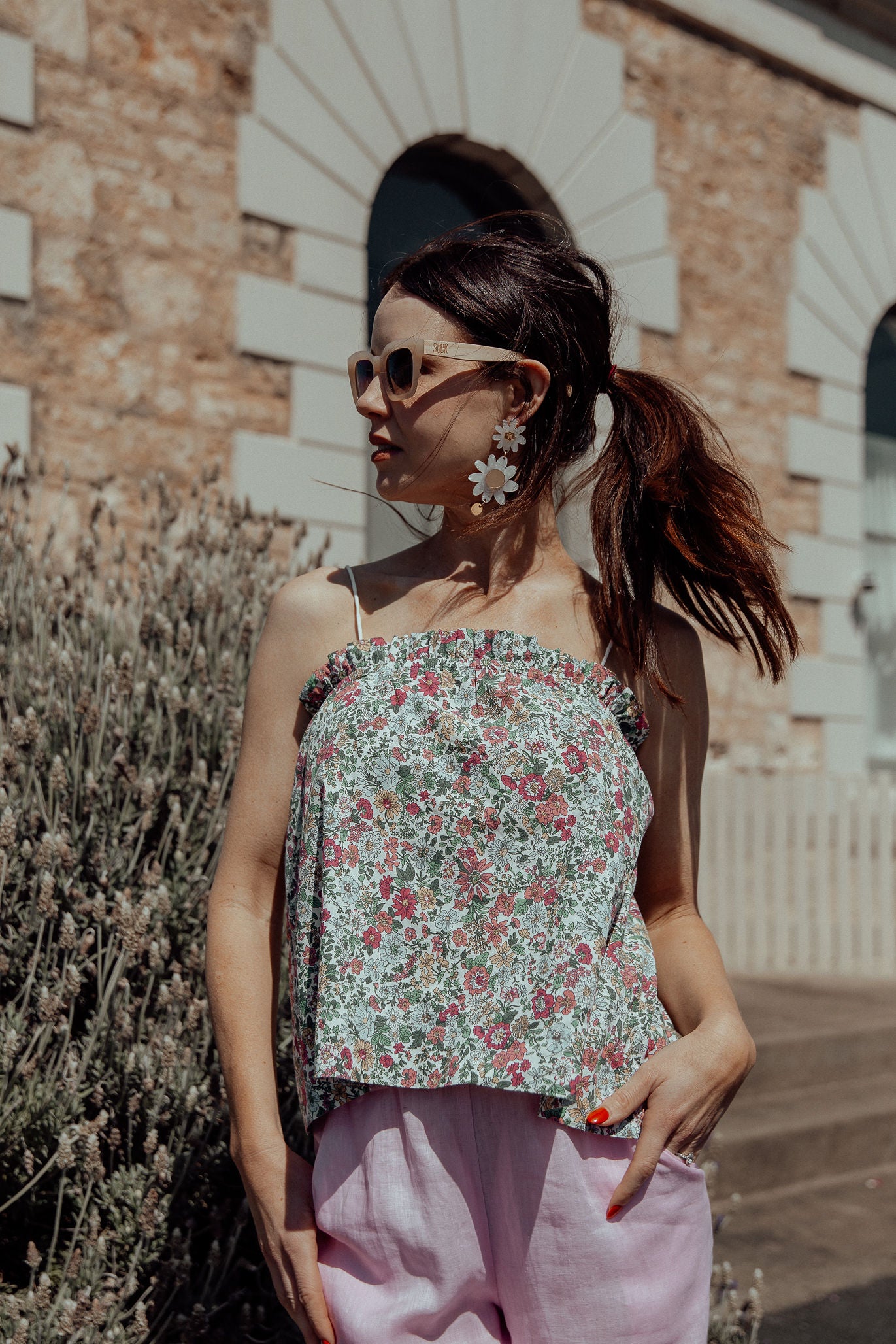 cotton floral top vintage background archways pink linen pants