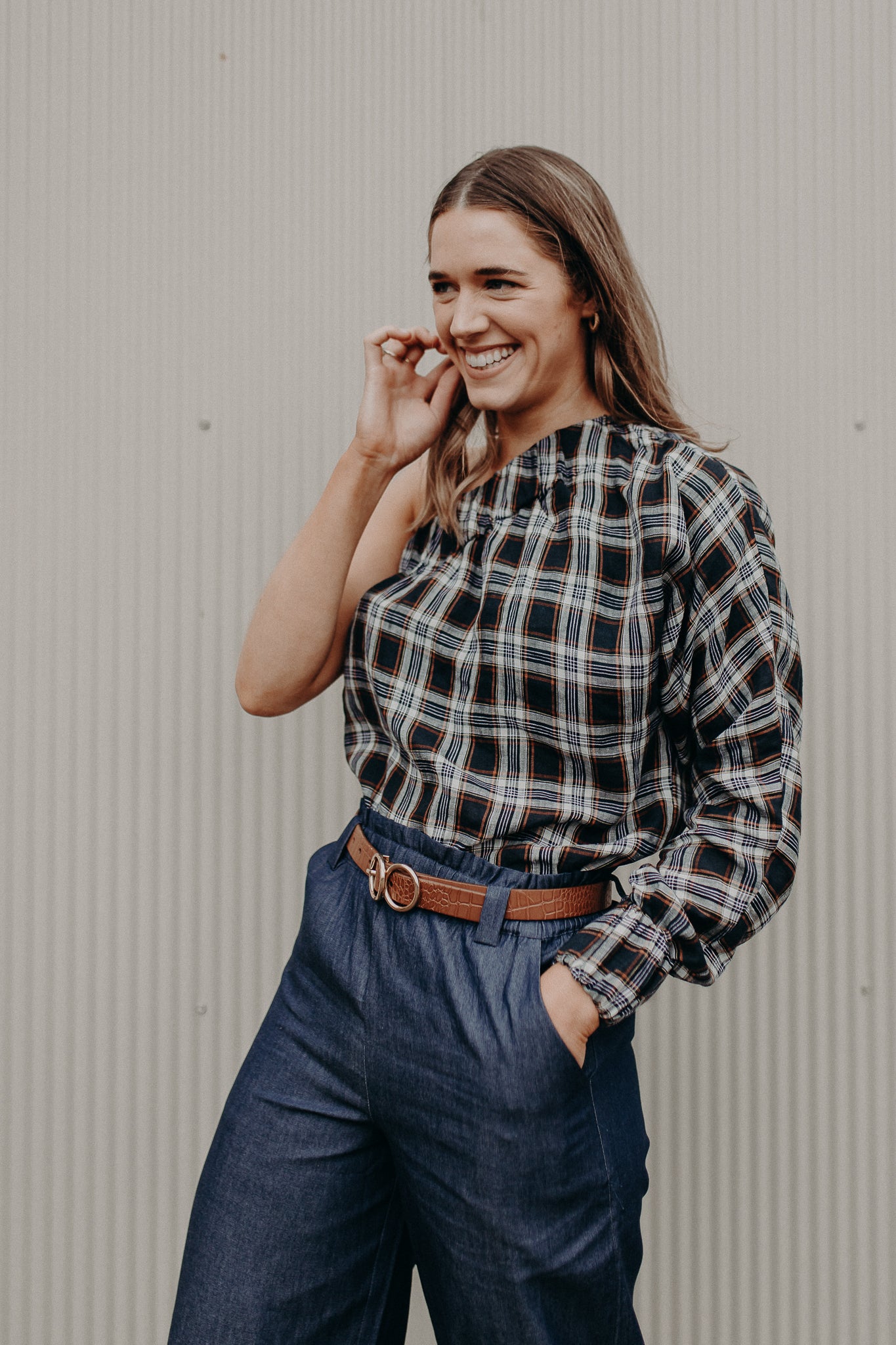 Plaid One Shoulder Top