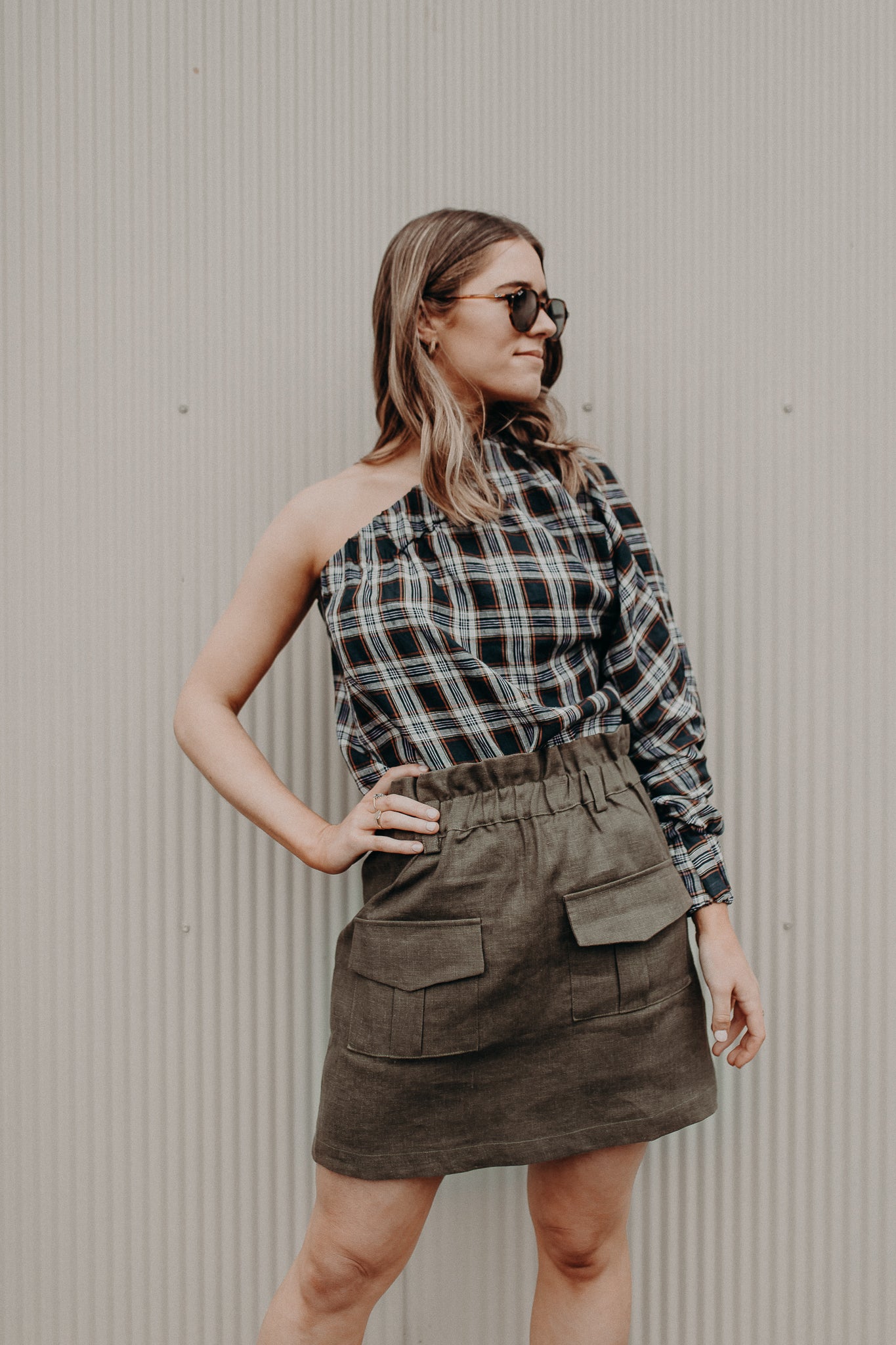 Plaid One Shoulder Top