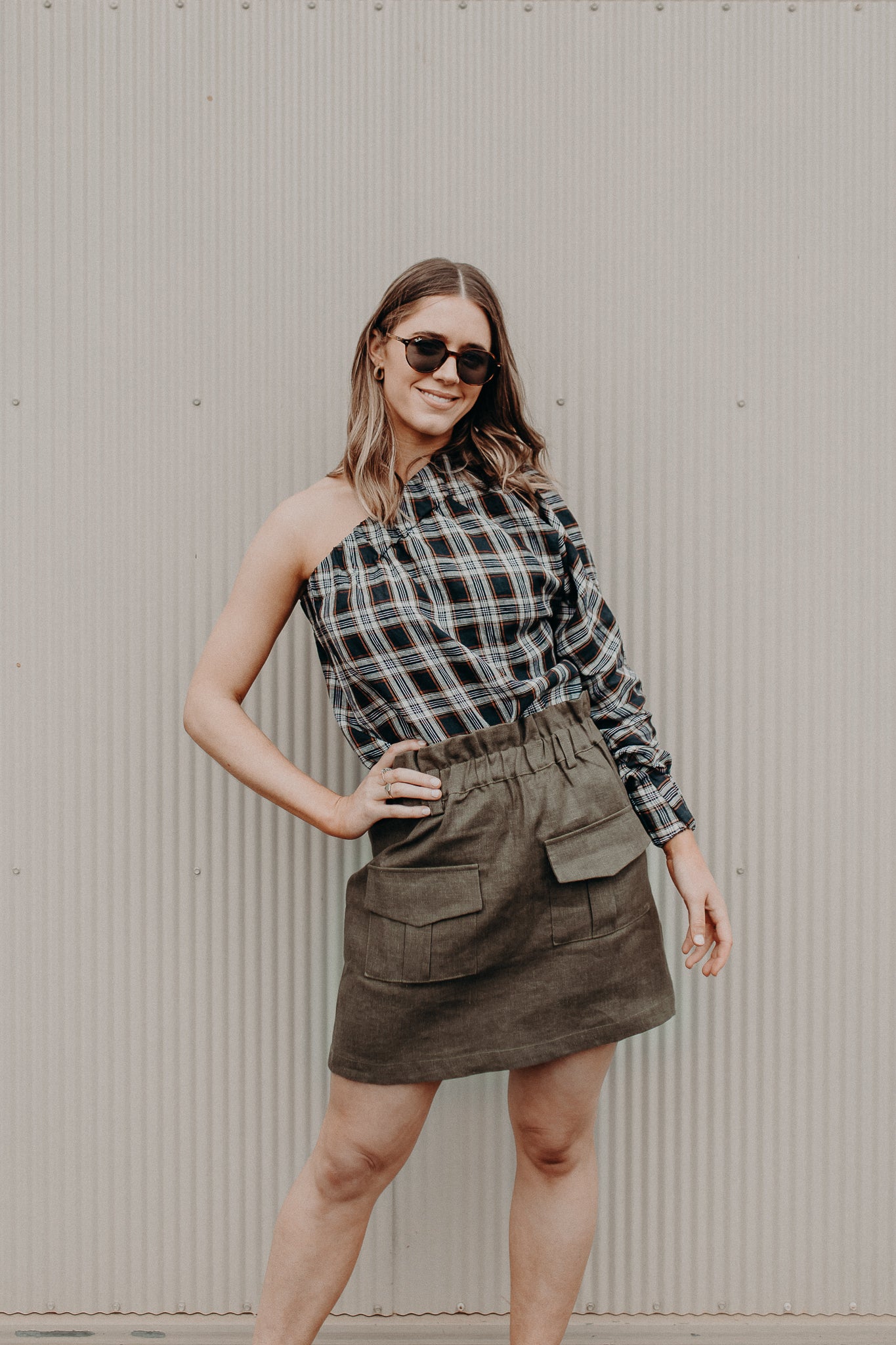Plaid One Shoulder Top